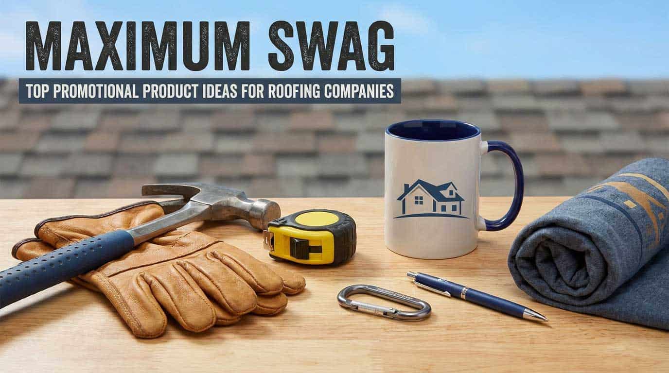 top promotional items for roofing companies Branded promotional items for roofing companies: mug, tools, and safety gear.